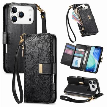 Etui iPhone 17 Pro à motifs floraux et de feuilles avec pochette zippée et dragonne
