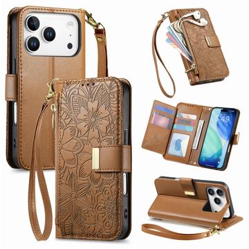 Etui iPhone 17 Pro à motifs floraux et de feuilles avec pochette zippée et dragonne - Marron
