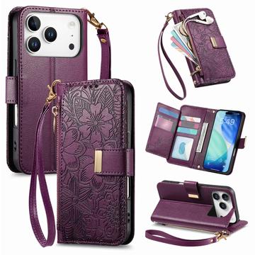 Etui iPhone 17 Pro à motifs floraux et de feuilles avec pochette zippée et dragonne - Violet