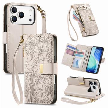 Etui iPhone 17 Pro à motifs floraux et de feuilles avec pochette zippée et dragonne - Blanc