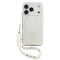 Coque iPhone 17 Pro Guess IML Flowers Allover avec bracelet en perles - Compatible MagSafe - Blanche