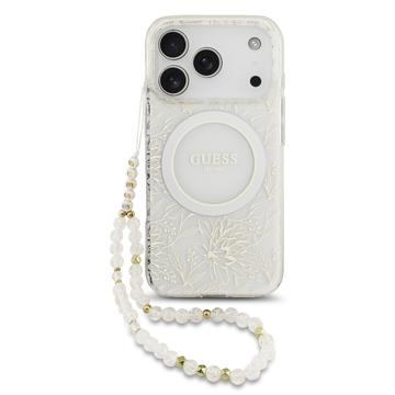 Coque iPhone 17 Pro Guess IML Flowers Allover avec bracelet en perles - Compatible MagSafe - Blanche