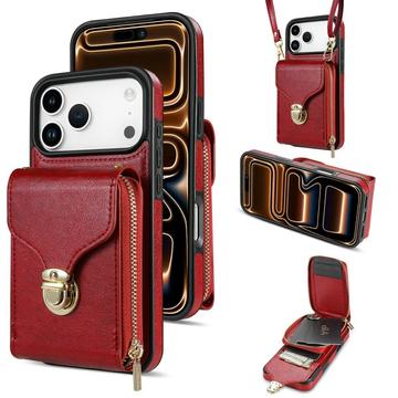 Coque tout-en-un pour iPhone 17 Pro Max avec portefeuille et dragonne - Rouge