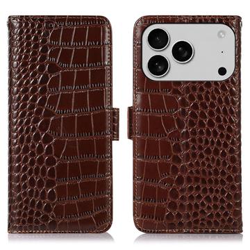 Étui Portefeuille iPhone 17 Pro Max en Cuir avec RFID - Série Crocodile - Marron