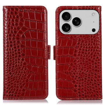 Étui Portefeuille iPhone 17 Pro Max en Cuir avec RFID - Série Crocodile - Rouge