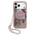 Coque iPhone 17 Pro Max Guess IML Flowers avec bracelet en perles - Rose