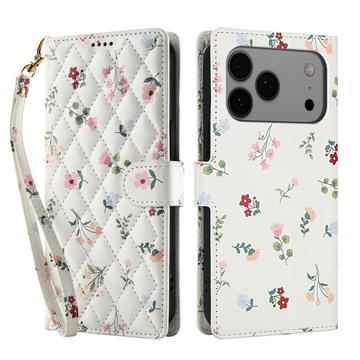Étui portefeuille iPhone 17 Pro à motif floral rhombique - Roses