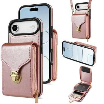 Coque tout-en-un pour iPhone Air avec portefeuille et dragonne - Or rose