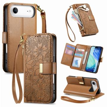 Etui iPhone Air à motifs floraux et de feuilles avec pochette zippée et dragonne - Marron