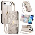Etui iPhone Air à motifs floraux et de feuilles avec pochette zippée et dragonne - Blanc