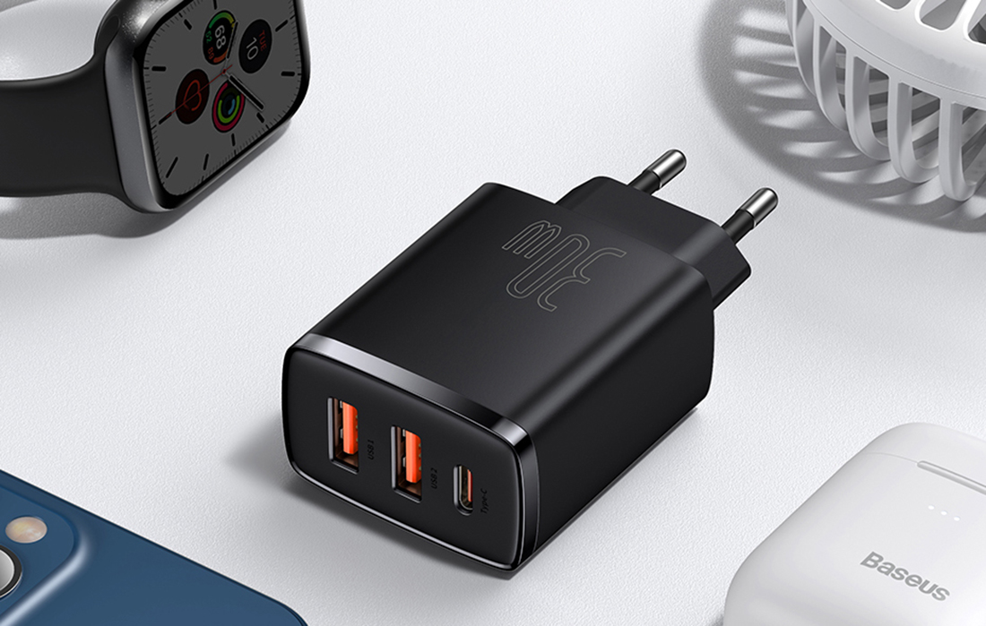 Chargeur Rapide Baseus Compact 30W - USB-C PD, 2xUSB - Noir